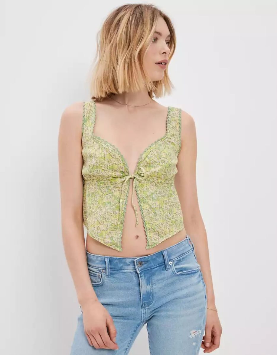 Chemises American Eagle AE Tie-Front Corset Tank Top Vert Femme | XPG-24959247